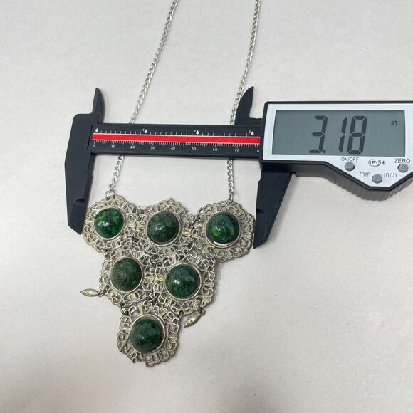 Vintage Boho Necklace Marked Jerusalem Green Natural‎ Funky Long Bib Silver-Tone - Picture 7 of 12